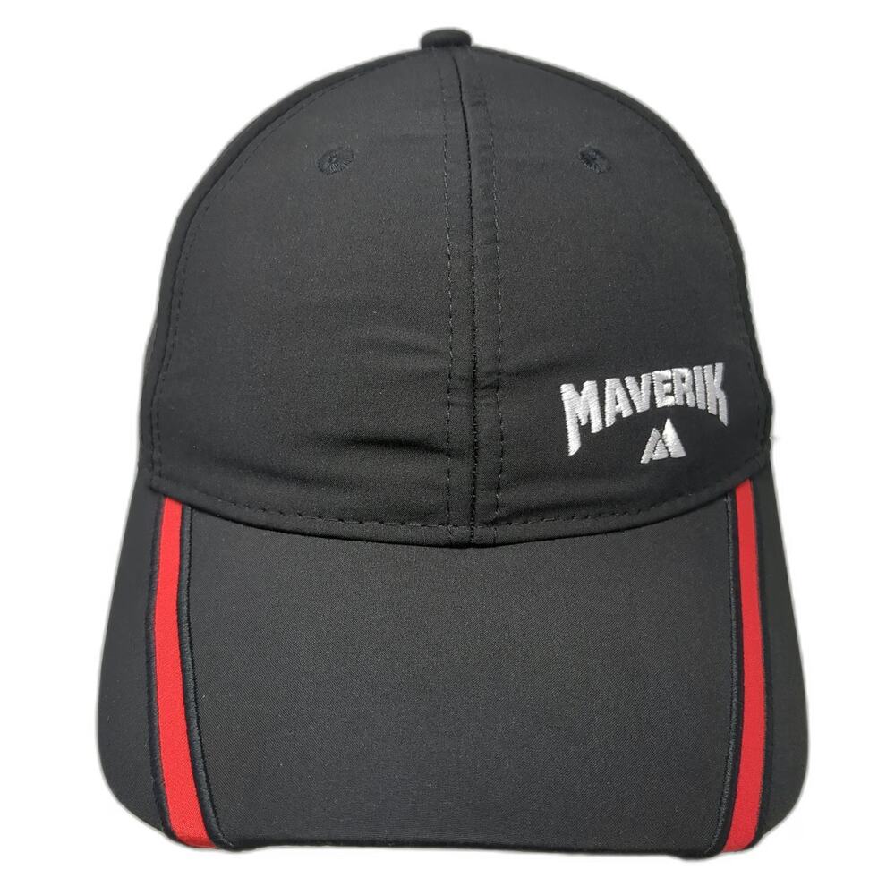 Maverik Snapback Hat Black Red White One Size Brim Stripes Adventure Logo Peak